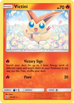 Rare holo Pokémon card Victini 26/236 from Unified Minds expansion