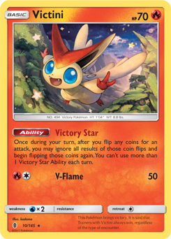 Rare holo Pokémon card Victini 10/145 from Guardians Rising expansion