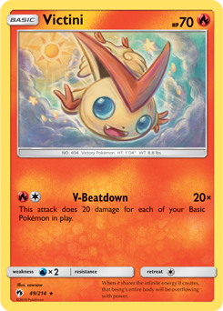 Rare Pokémon card Victini 49/214 from Lost Thunder expansion