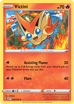 Rare Pokémon card Victini 023/195 from Silver Tempest expansion