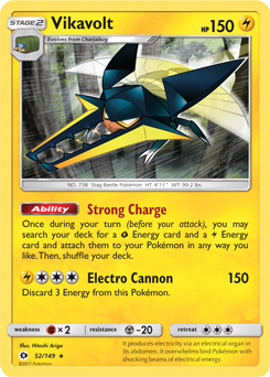Rare holo Pokémon card Vikavolt 52/149 from Sun & Moon expansion