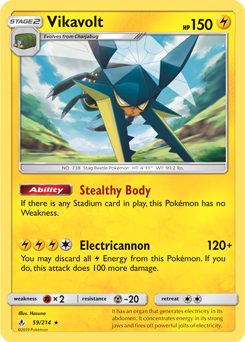 Rare holo Pokémon card Vikavolt 59/214 from Unbroken Bonds expansion