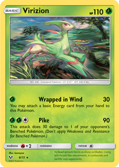 Rare holo Pokémon card Virizion 8/73 from Shining Legends expansion