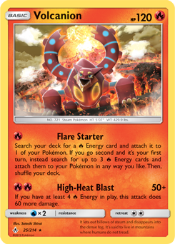 Rare holo Pokémon card Volcanion 25/214 from Unbroken Bonds expansion