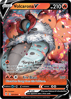 Ultra rare V Pokémon card Volcarona V 21/203 from Evolving Skies expansion