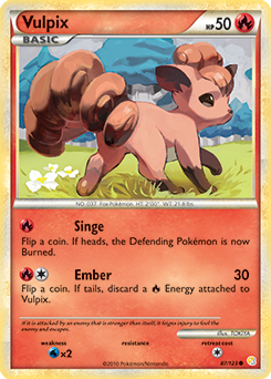 Common Pokémon card Vulpix 87/123 from HeartGold SoulSilver expansion