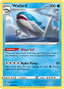 Rare Holo Pokémon card Wailord 032/185 from Vivid Voltage expansion