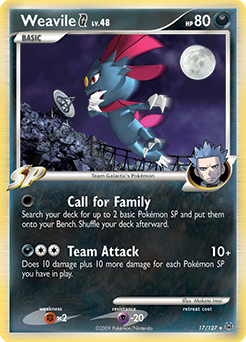Rare holo Pokémon card Weavile 17/127 from Platinuim expansion