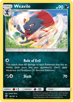 Rare Pokémon card Weavile 86/147 from Burning Shadows expansion