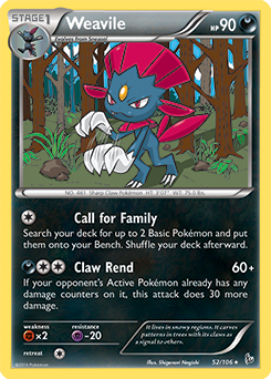 Rare Pokémon card Weavile 52/106 from Flashfire expansion
