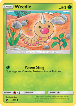 Common Pokémon card Weedle 1/111 from Crimson Invasion expansion