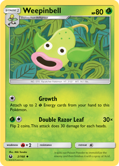 Uncommon Pokémon card Weepinbell 2/168 from Celestial Storm expansion