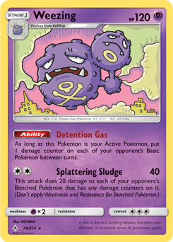Rare Pokémon card Weezing 74/214 from Unbroken Bonds expansion