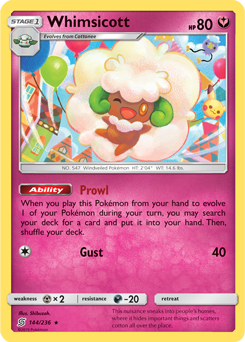 Rare Pokémon card Whimsicott 144/236 from Unified Minds expansion
