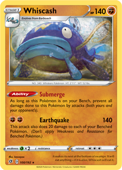 Rare Pokémon card Whiscash 100/192 from Rebel Clash expansion