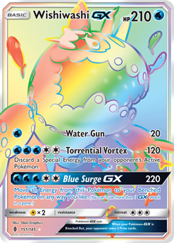 Secret Rainbow GX Pokémon card Wishiwashi GX 151/145 from Guardians Rising expansion