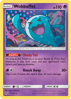 Rare Pokémon card Wobbuffet 93/214 from Lost Thunder expansion