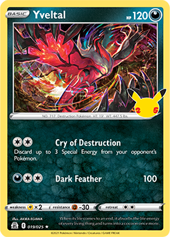 Rare Pokémon card Yveltal 19/25 from Celebrations expansion