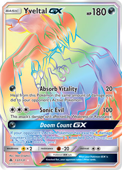 Secret Rainbow GX Pokémon card Yveltal GX 137/131 from Forbidden Light expansion