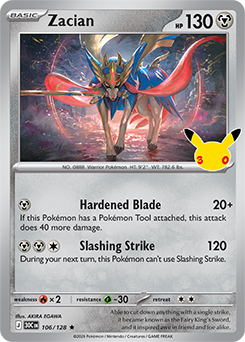 Rare Pokémon card Zacian 106/128 from 30th Celebration expansion