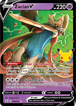 Ultra rare V Pokémon card Zacian V 16/25 from Celebrations expansion