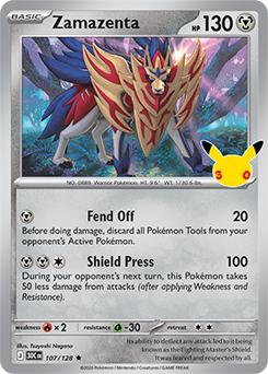 Rare Pokémon card Zamazenta 107/128 from 30th Celebration expansion