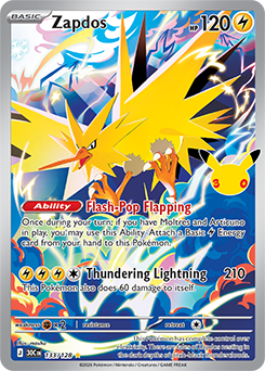 Illustration rare Pokémon card Zapdos 133/128 from 30th Celebration expansion