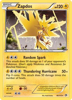 Rare holo Pokémon card Zapdos 46/113 from Legendary Treasures expansion