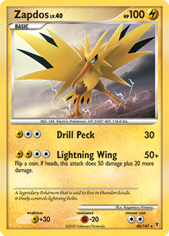 Rare Pokémon card Zapdos 48/147 from Supreme Victors expansion