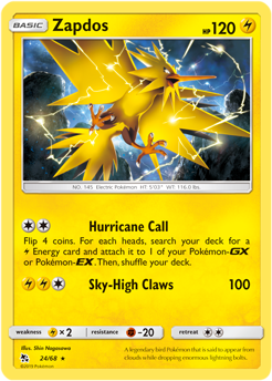 Rare holo Pokémon card Zapdos 24/68 from Hidden Fates expansion