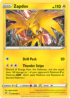 Rare Holo Pokémon card Zapdos 048/185 from Vivid Voltage expansion