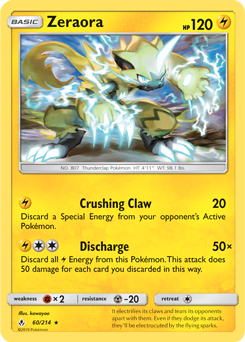 Rare Pokémon card Zeraora 60/214 from Unbroken Bonds expansion