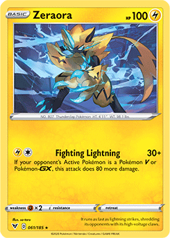 Rare Holo Pokémon card Zeraora 061/185 from Vivid Voltage expansion