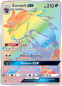 Secret Rainbow GX Pokémon card Zoroark GX 77/73 from Shining Legends expansion