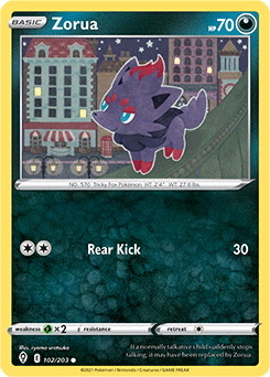 Common Pokémon card Zorua 102/203 from Evolving Skies expansion