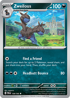Uncommon Pokémon card Zweilous 139/193 from Paldea Evolved expansion