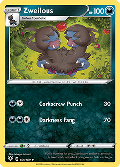 Uncommon Pokémon card Zweilous 109/189 from Darkness Ablaze expansion