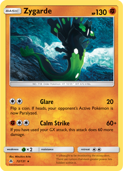 Rare Pokémon card Zygarde 72/131 from Forbidden Light expansion